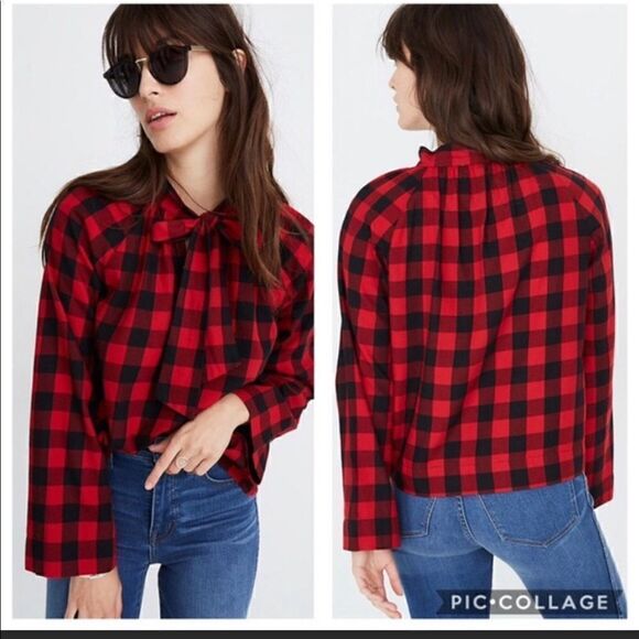 NWT Madewell Red and Black Buffalo Check Tie Front Top size S - Picture 1 of 4